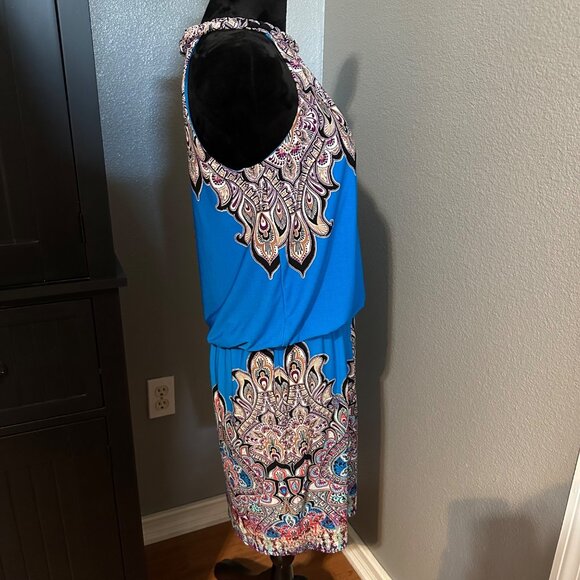 Maggy L Blue Paisley Halter Dress Size 6 Sleeveless Keyhole Back Boho Cocktail - Picture 5 of 8
